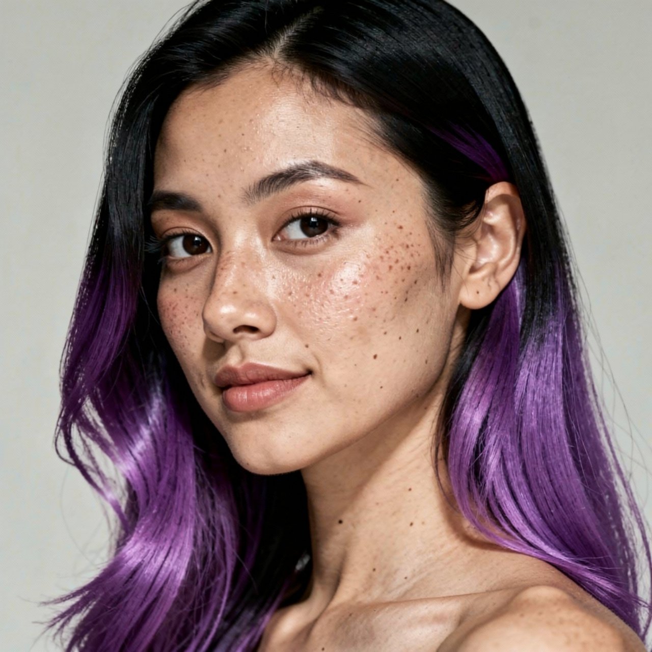 portrait of a woman with long black to purple ombr