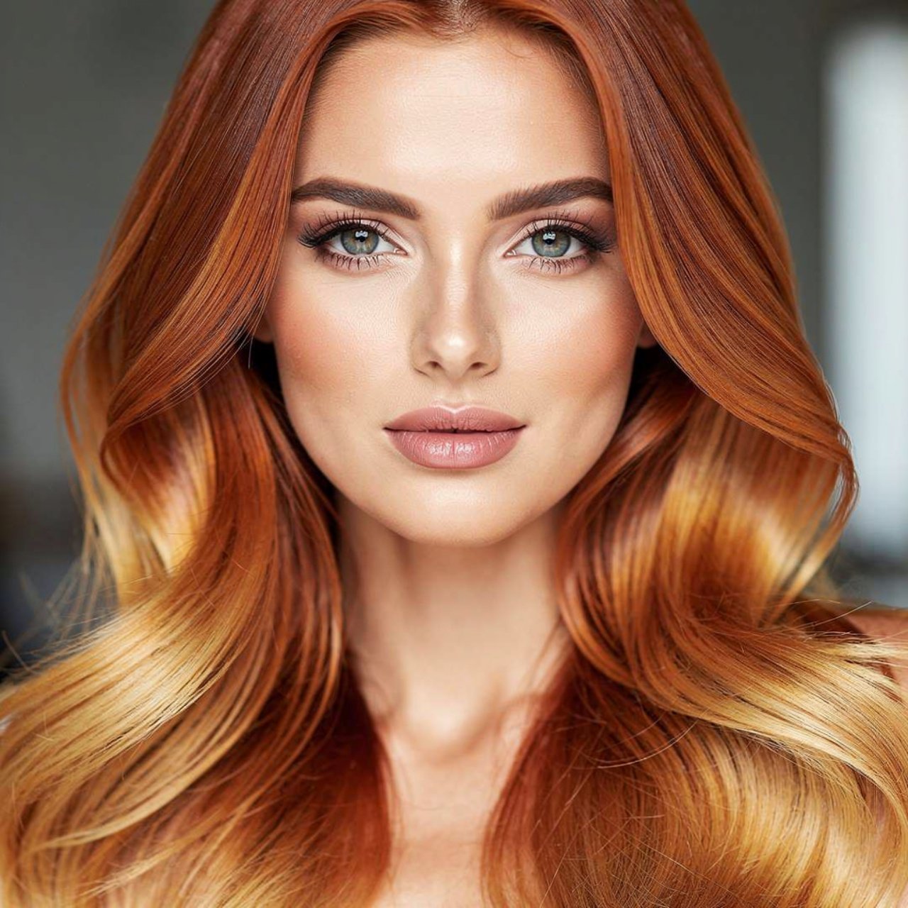 portrait of a woman with long copper to gold ombre