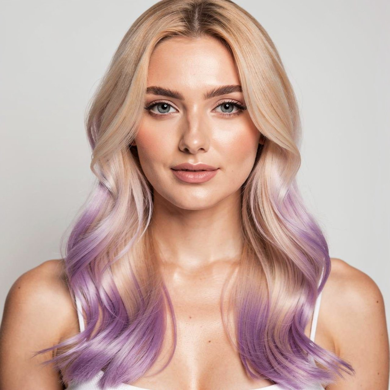 portrait of a woman with pastel ombre hair on a bl