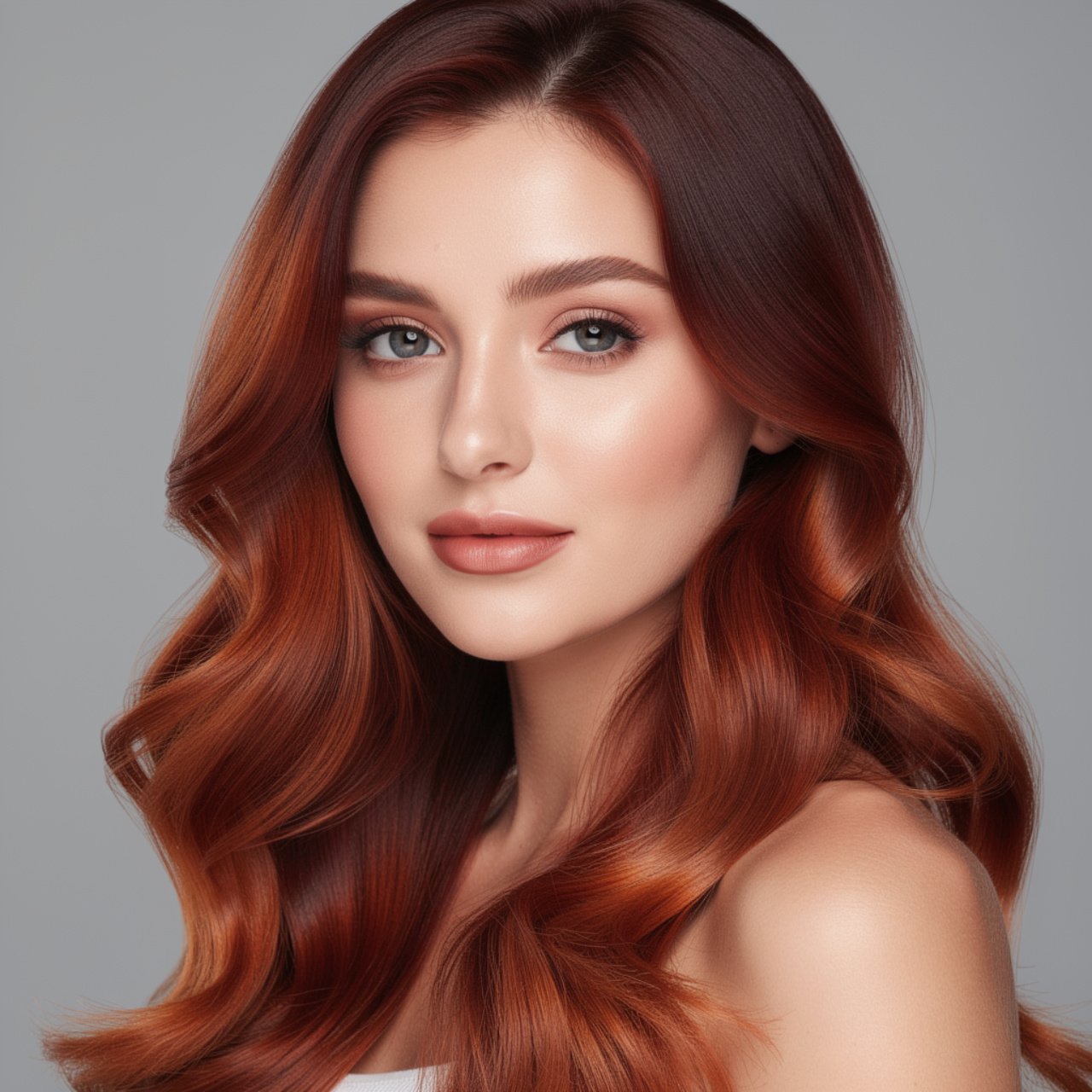portrait of a woman with rich auburn ombre hair co
