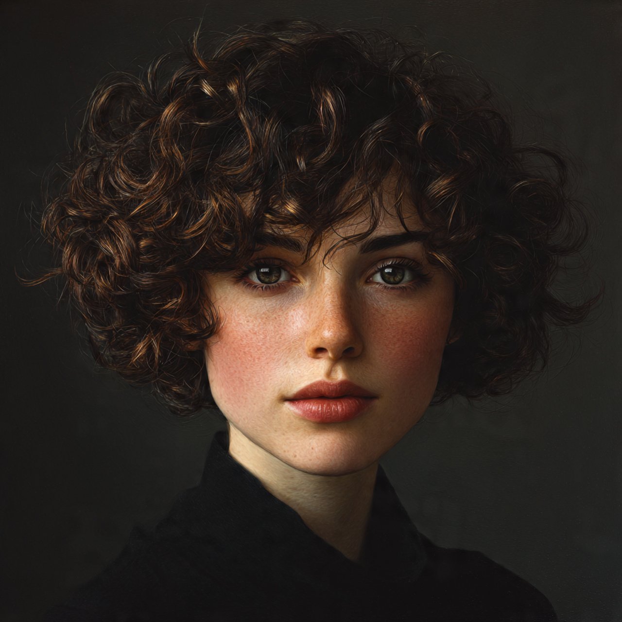 portrait of a woman with short curly hair and subt