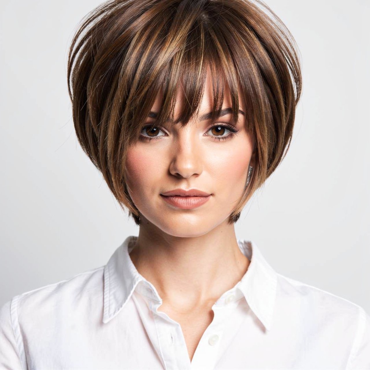 portrait of a woman with short layered hair and cu