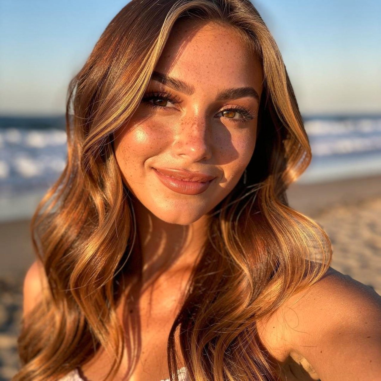 portrait of a woman with sun kissed brunette summe