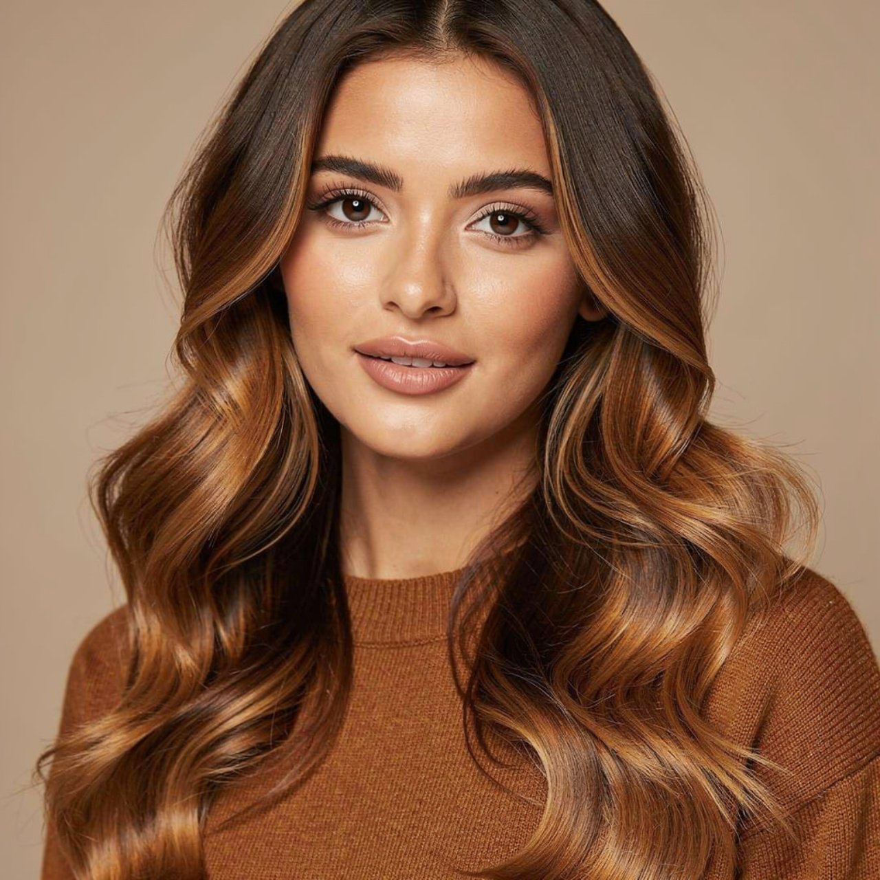 portrait of a woman with toffee ombr brown fall ha