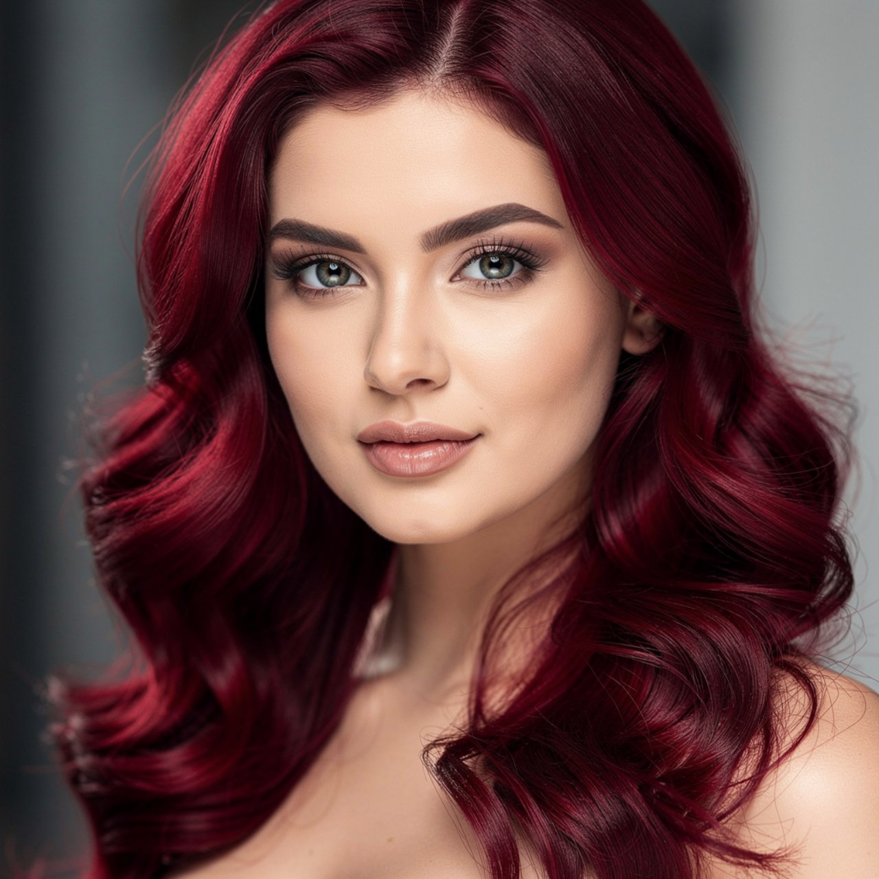 portrait of a woman with vibrant burgundy red hair