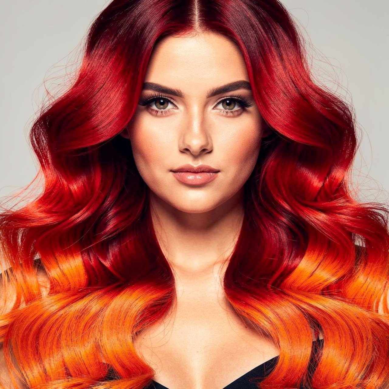 portrait of a woman with vibrant red to orange fir
