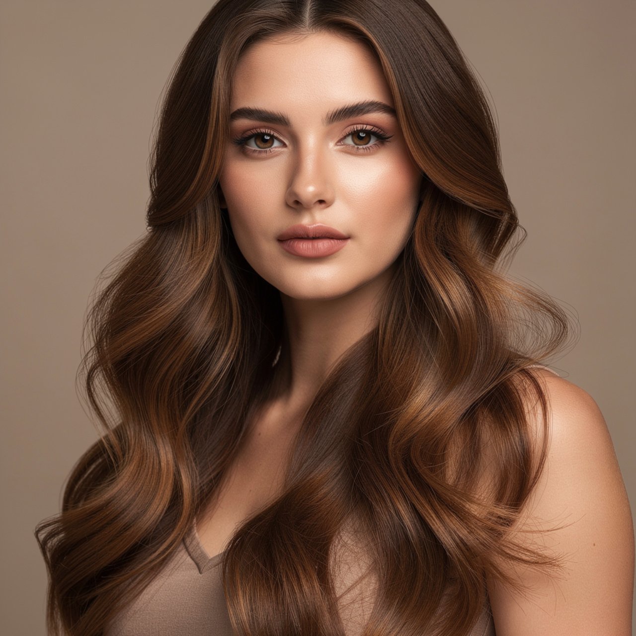 portrait of a woman with walnut brown fall hair co