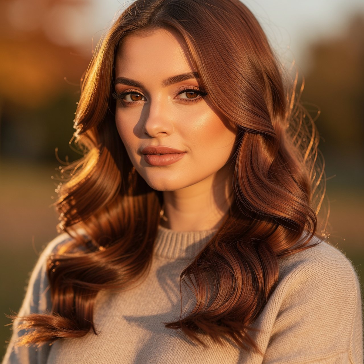 portrait of a woman with warm chestnut brown fall