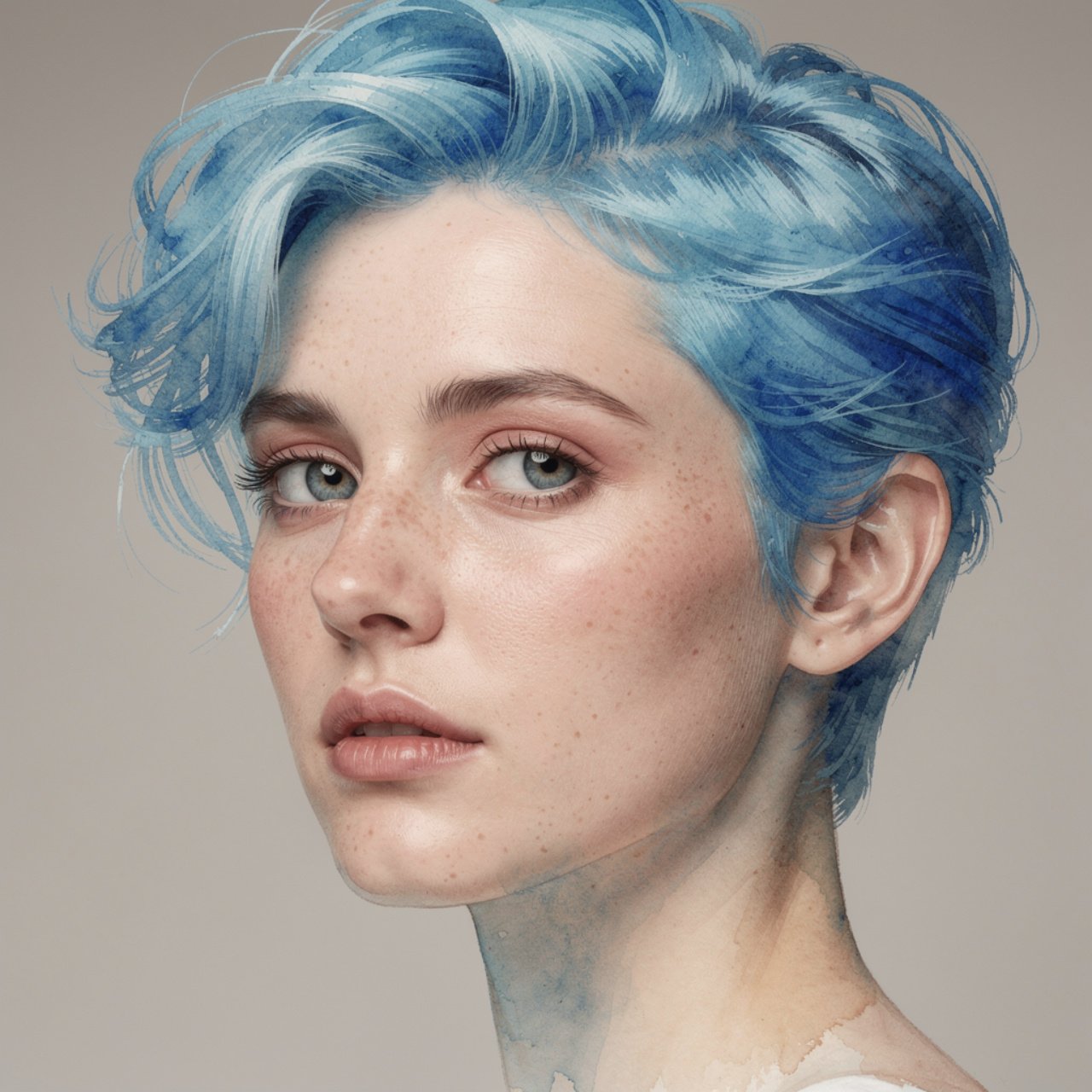 realistic portrait of a person with vibrant waterc