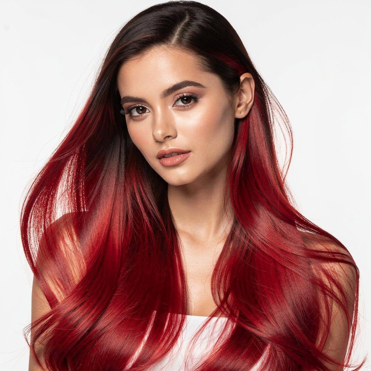 red ombre hair color single person with long flowi