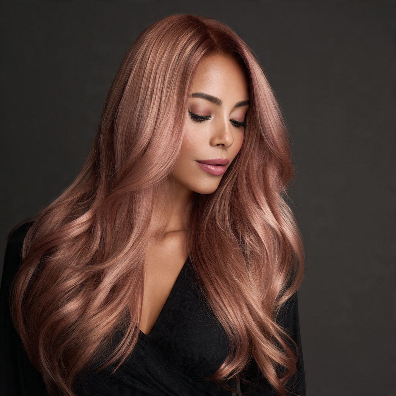 rose gold hair color on a woman beautiful flowing