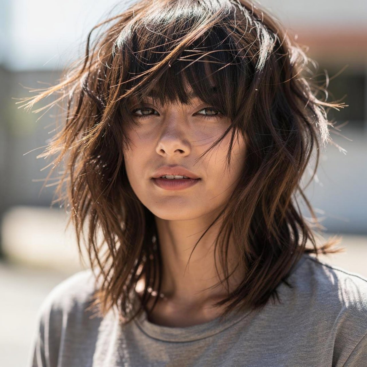 shaggy curtain bangs and textured layers hairstyle 1