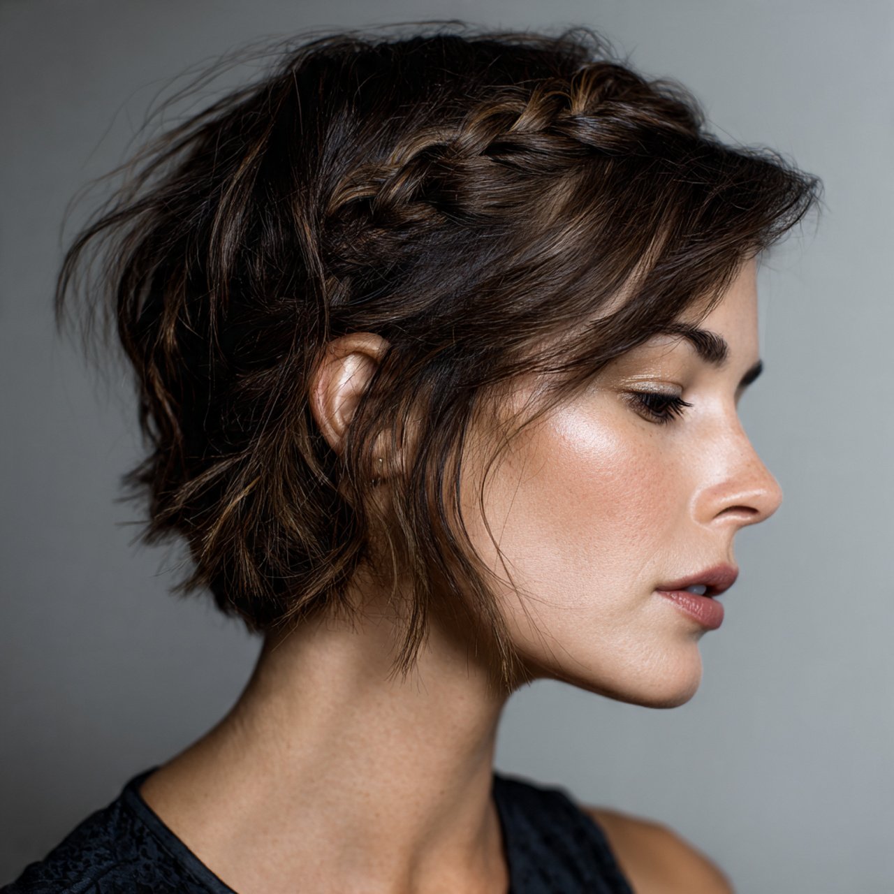 side braid hairstyle for short hair close up of a