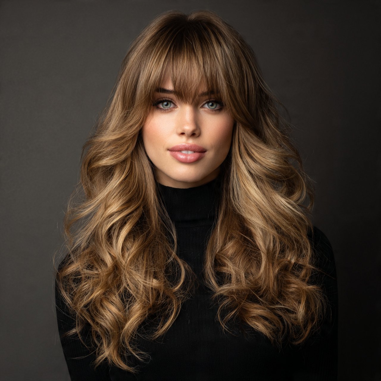 side swept bangs with loose curls hairstyle glossy