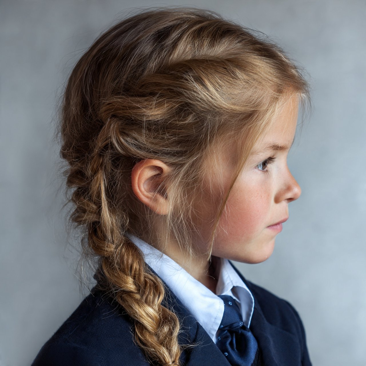 side swept braid hairstyle on a school girl neat a
