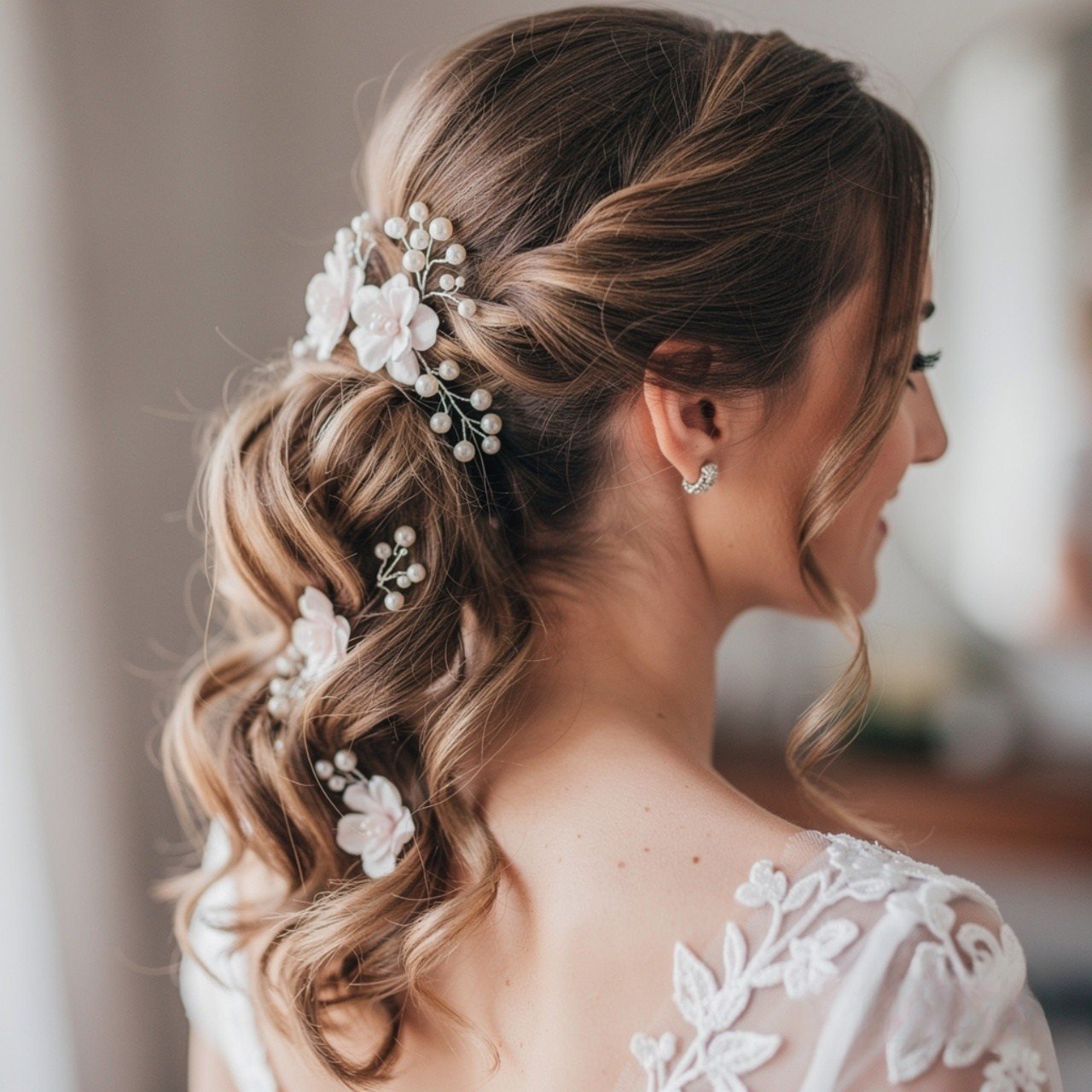 side swept ponytail bridal hairstyle for a wedding