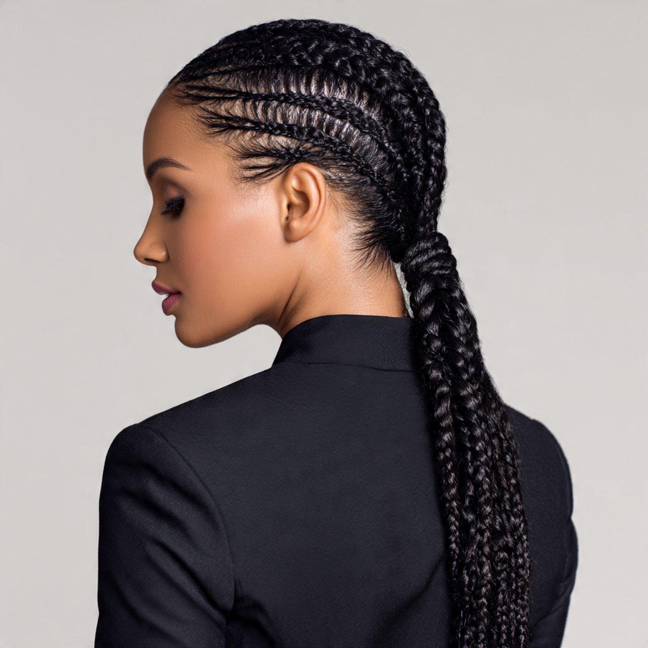 single braided low ponytail black hairstyle detail