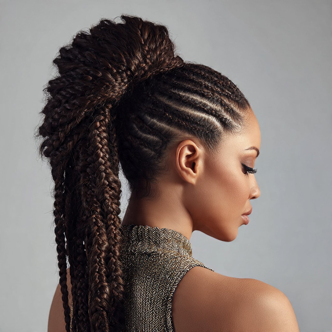 single photo of a braided mohawk ponytail hairstyl