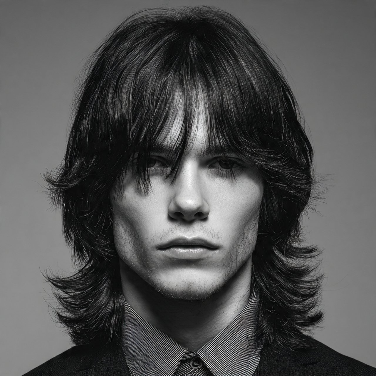 single photo of a man with long curtain bangs hair
