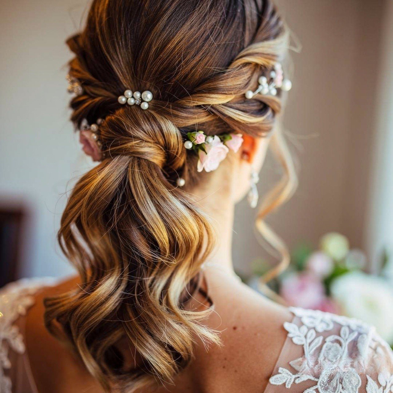 single photo of a textured low wedding ponytail ha
