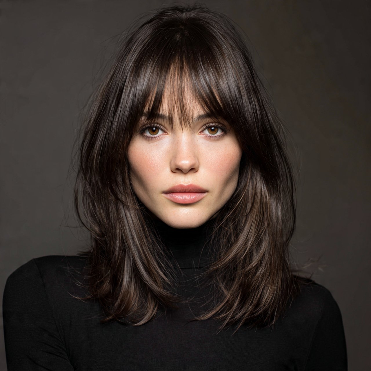 single photo of a woman with curtain bangs hairsty