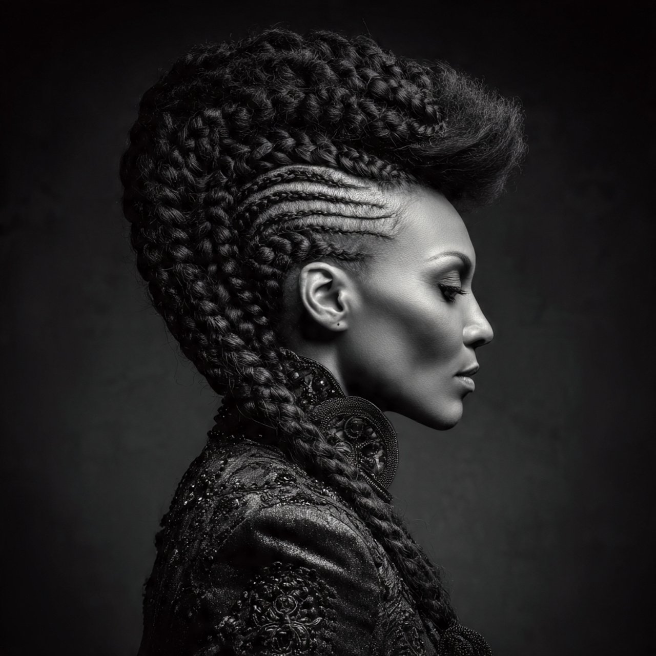single photo of a woman with goddess braided mohaw