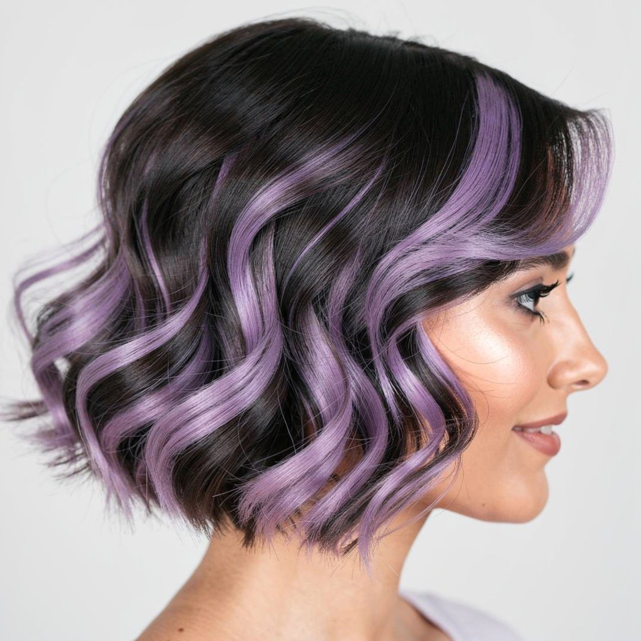 single photo of layered hair with lavender peekabo