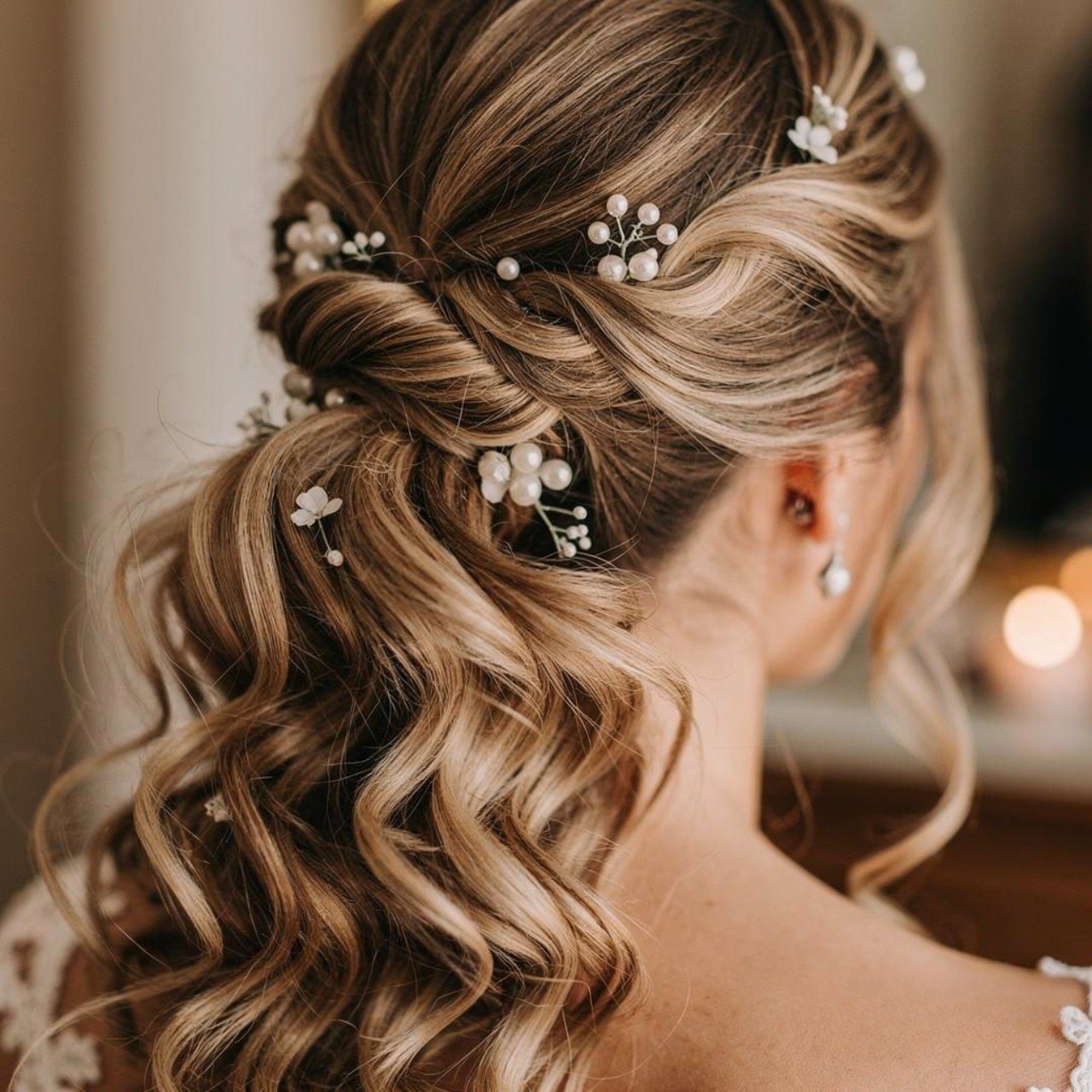 single portrait focused on hair curly wedding pony