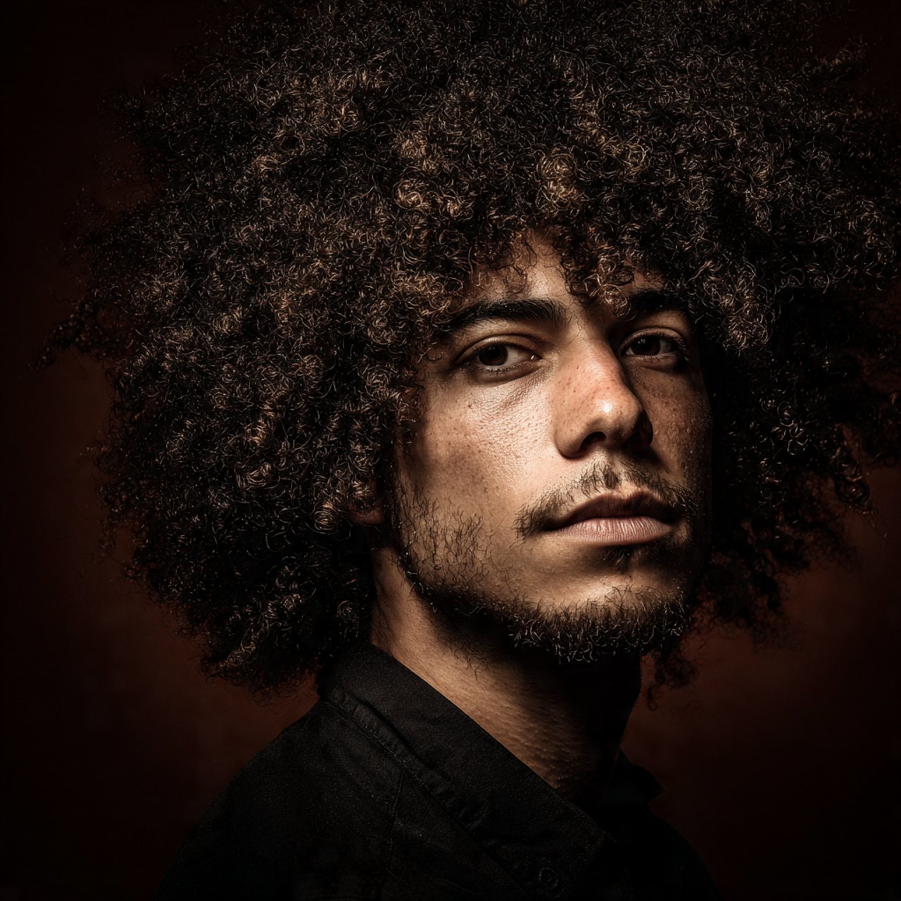 single portrait of a man with a curly afro hairsty