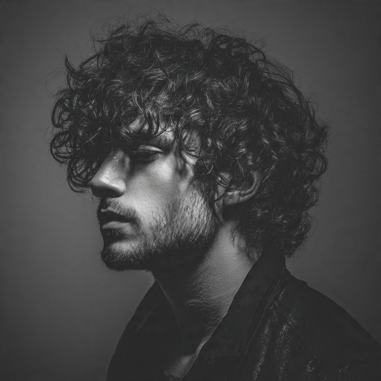 single portrait of a man with a curly fringe hairs