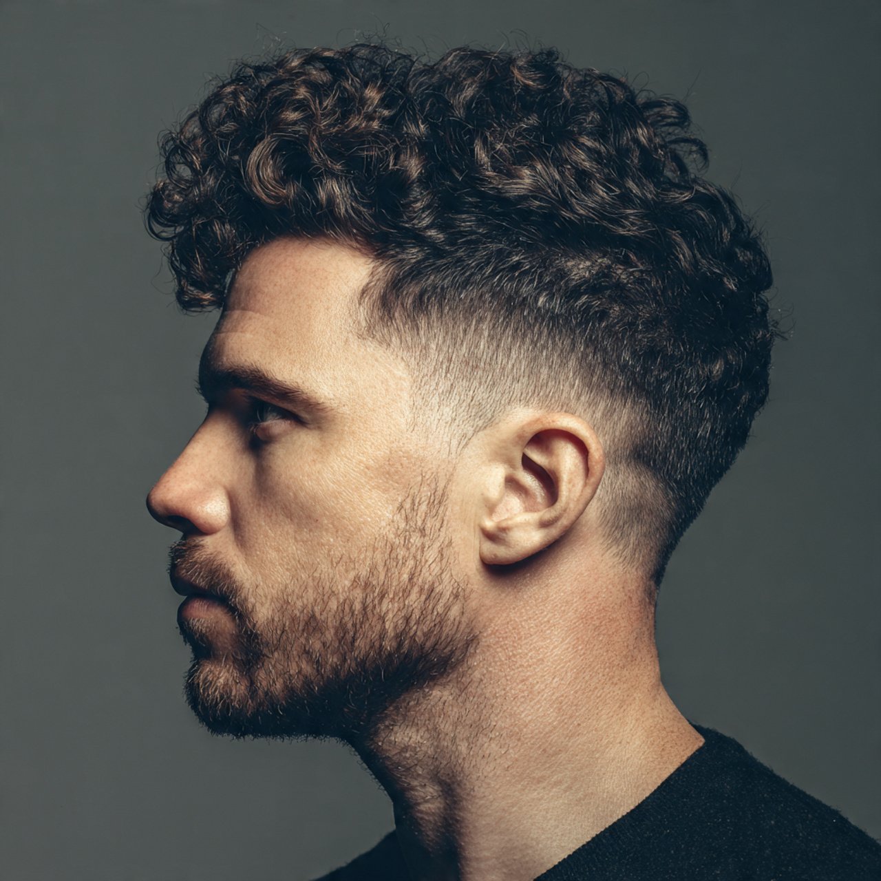 single portrait of a man with a curly side part ha
