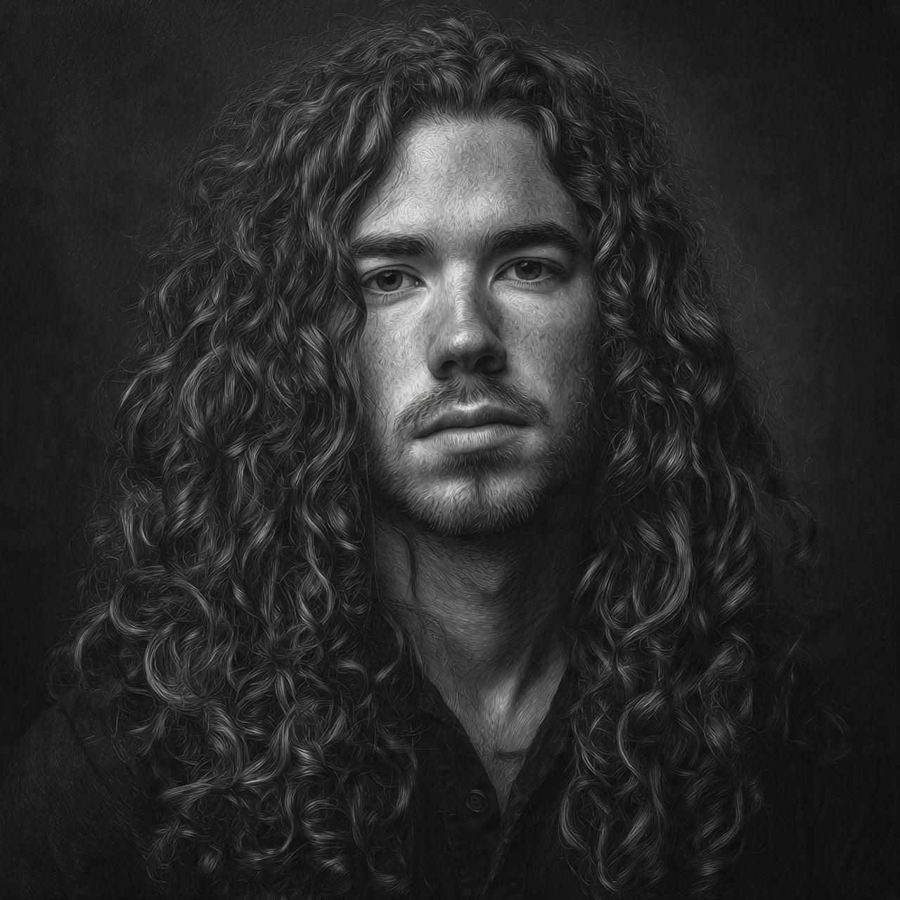 single portrait of a man with long curly hair squa
