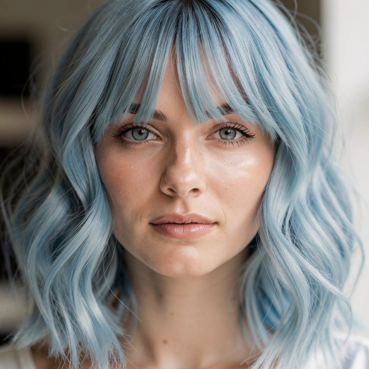 single portrait of a person with arctic blue hair