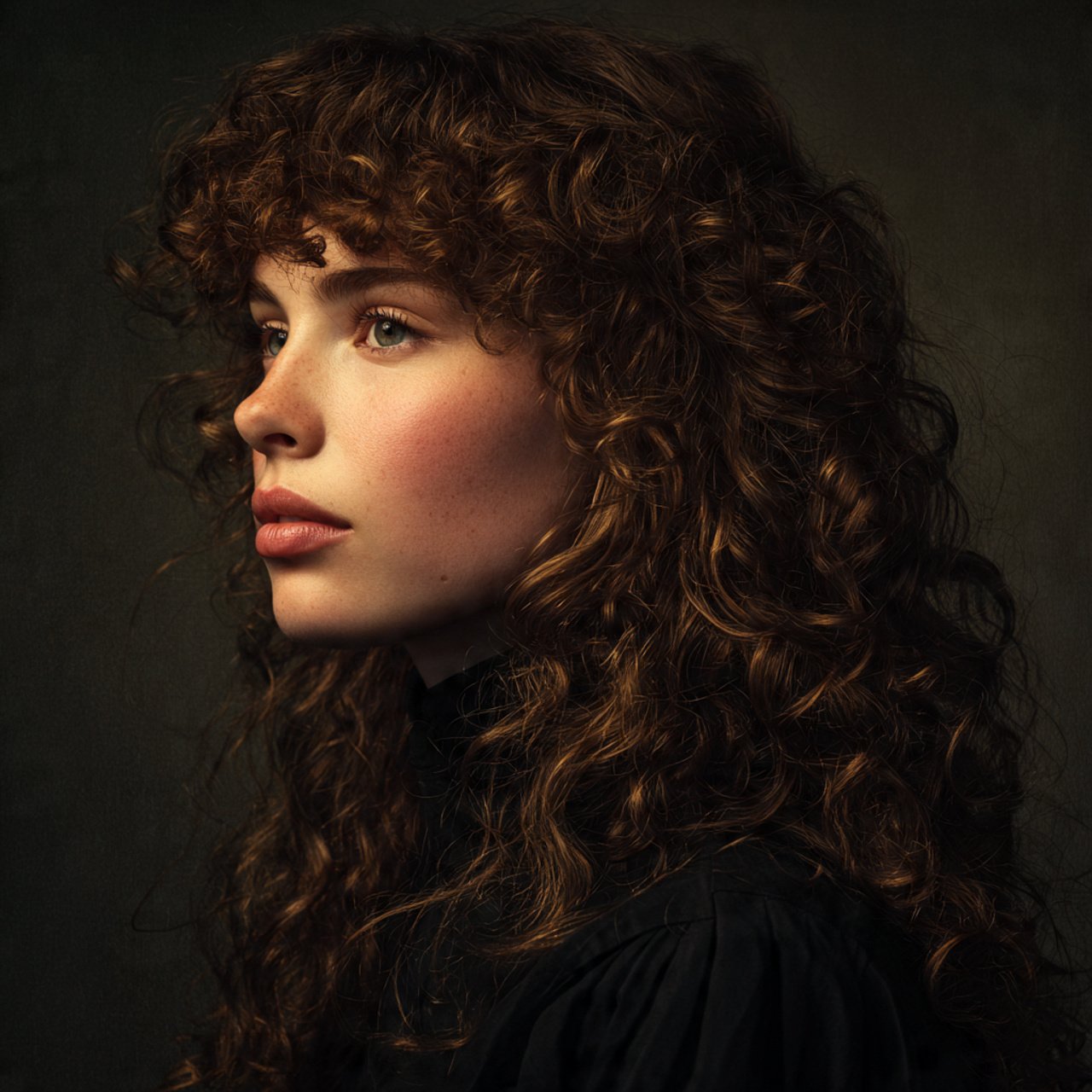 single portrait of a person with curly curtain ban