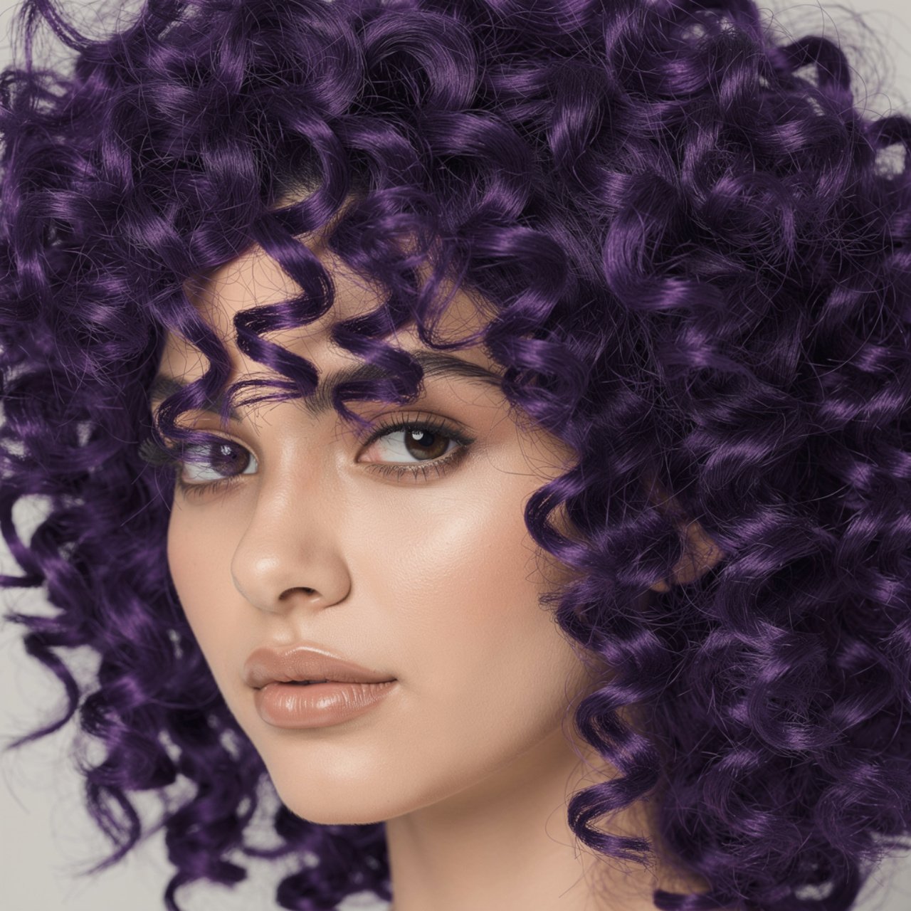 single portrait of a person with vivid purple curl