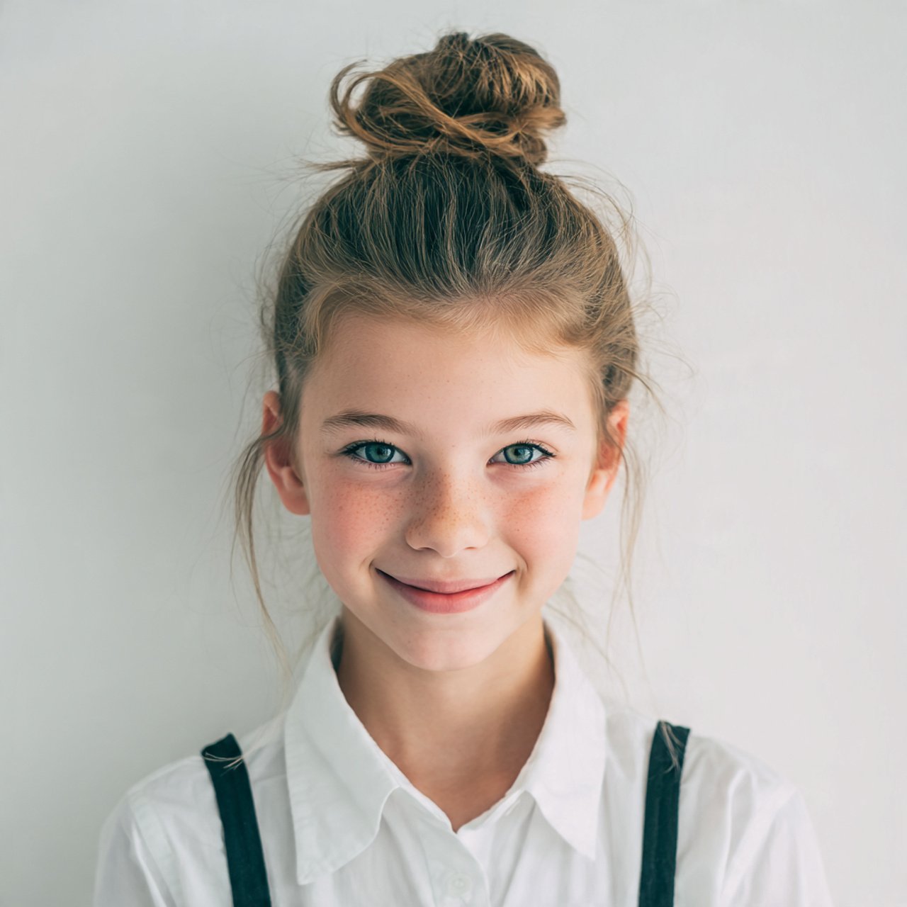 single portrait of a school girl with a half up to
