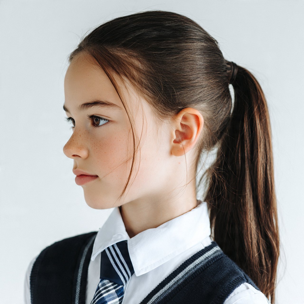 single portrait of a school girl with a low sleek