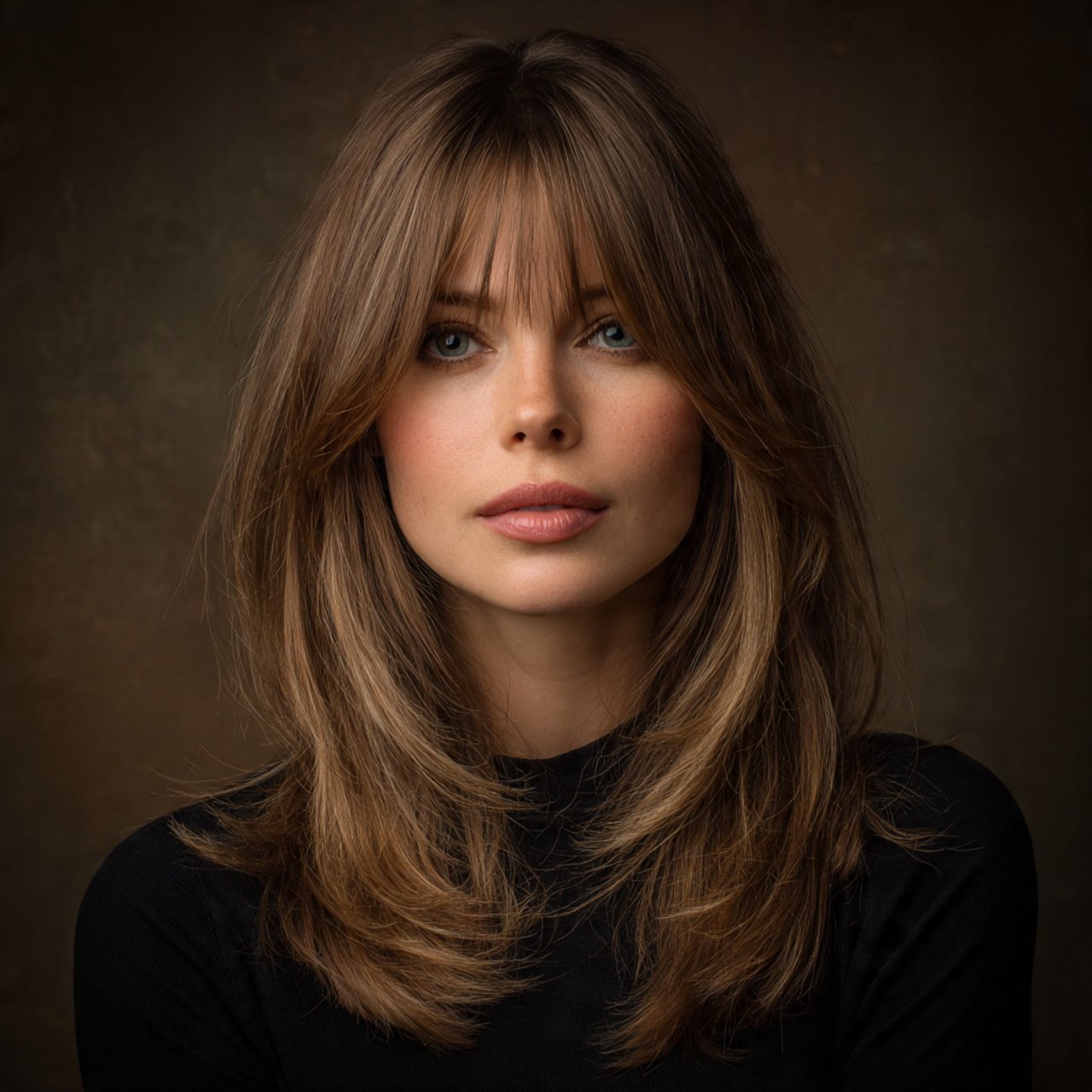 single portrait of a woman with a layered curtain