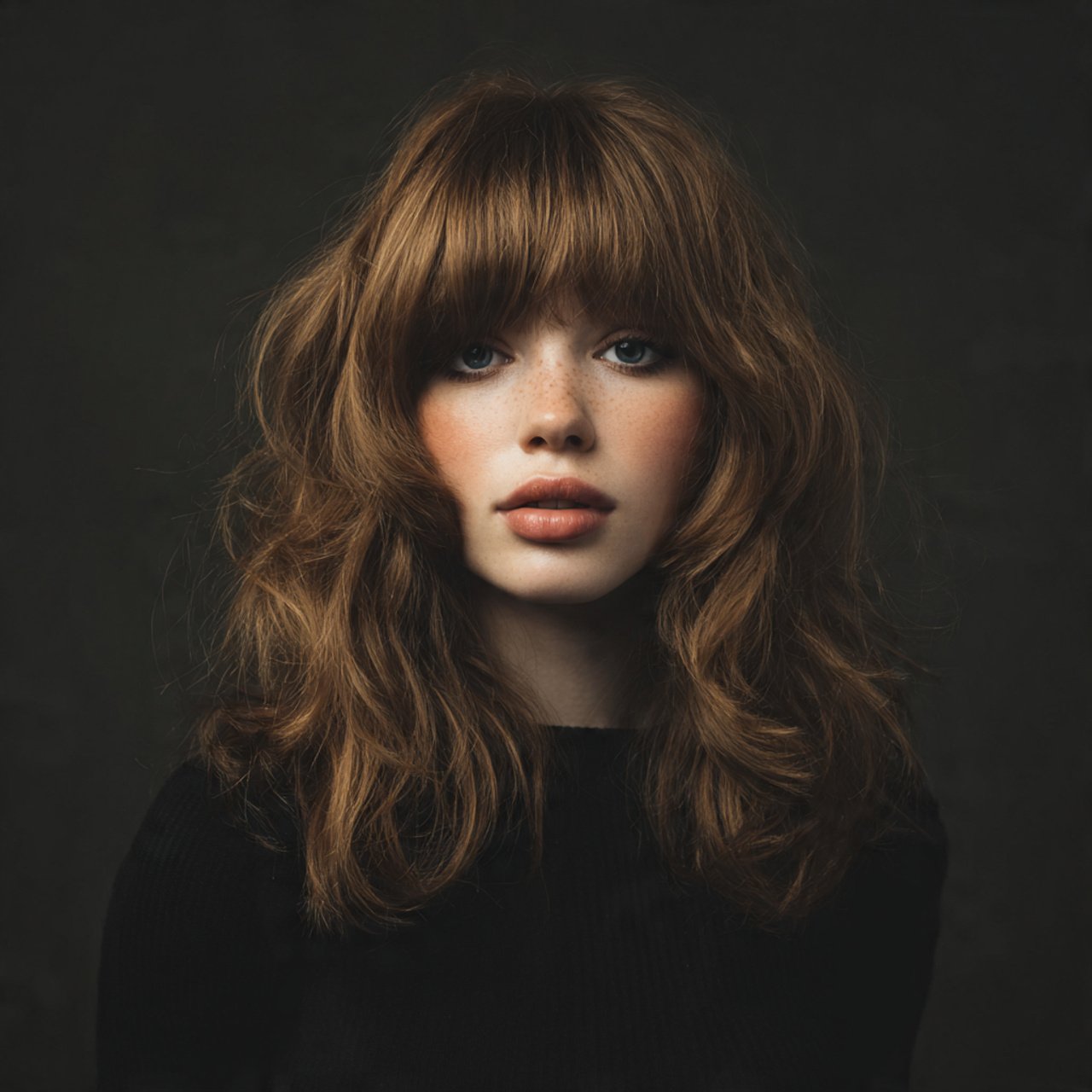 single portrait of a woman with a soft wolf cut ha 1