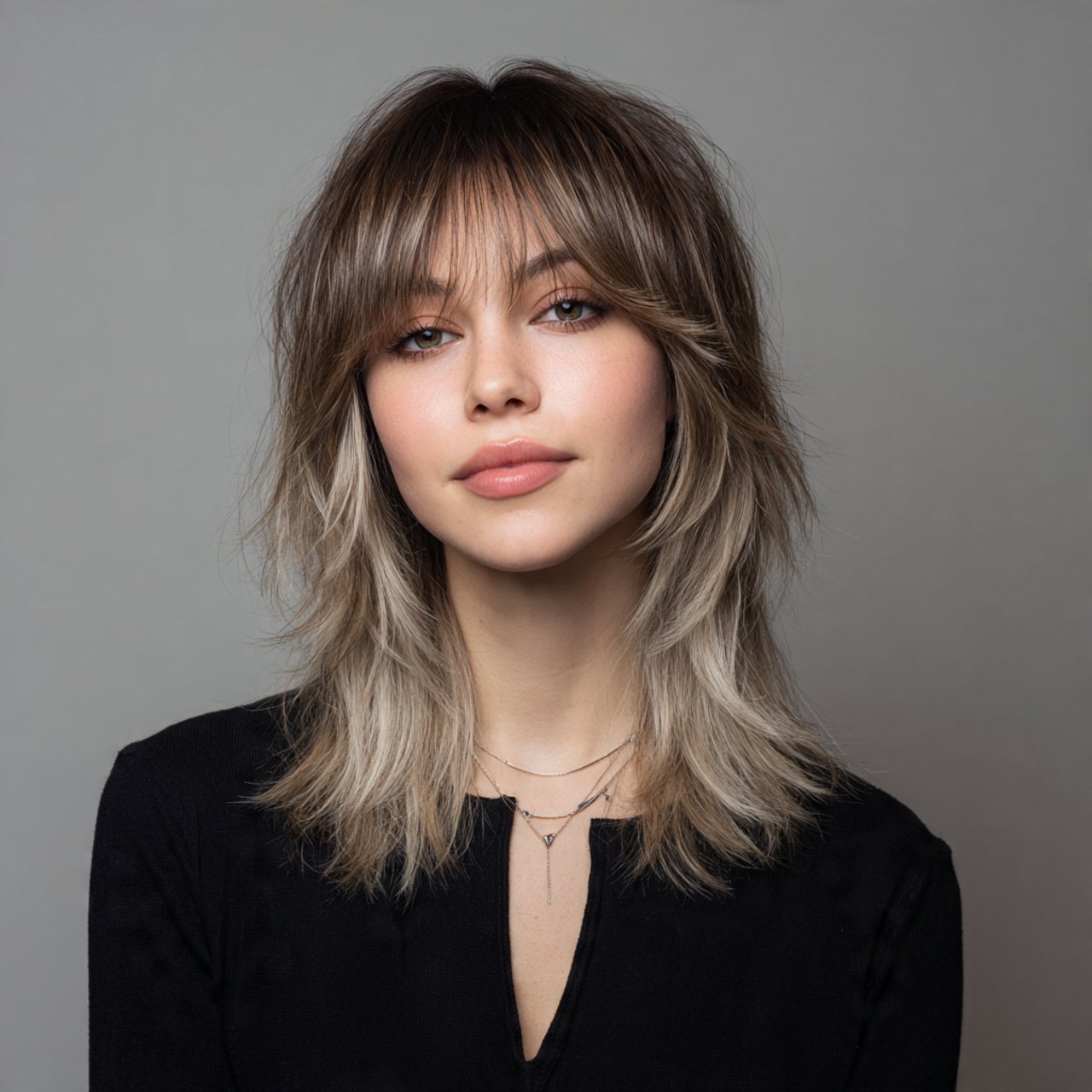 single portrait of a woman with a soft wolf cut ha