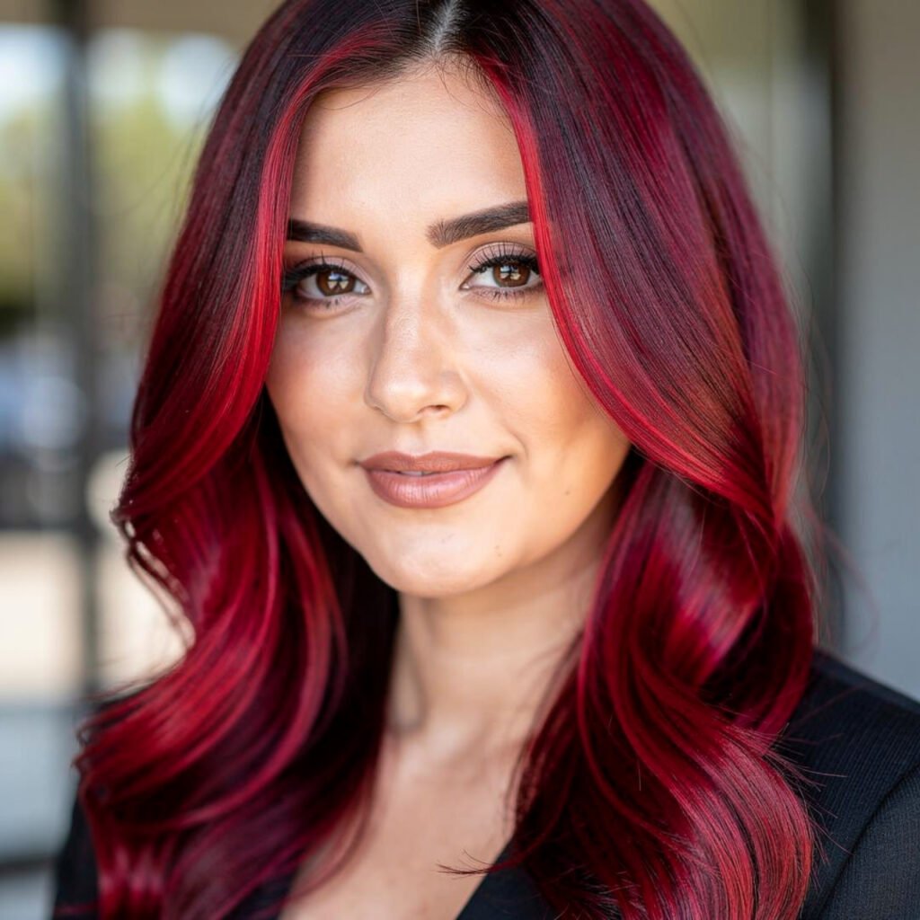 single portrait of a woman with crimson balayage h