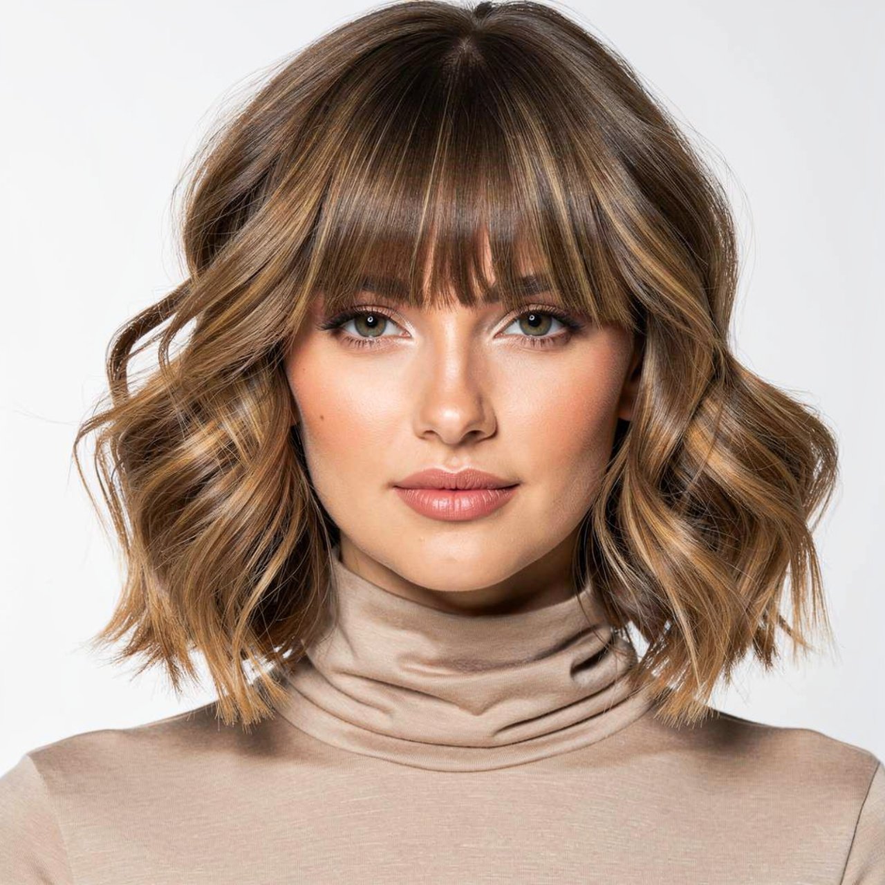 single portrait of a woman with curtain bangs and