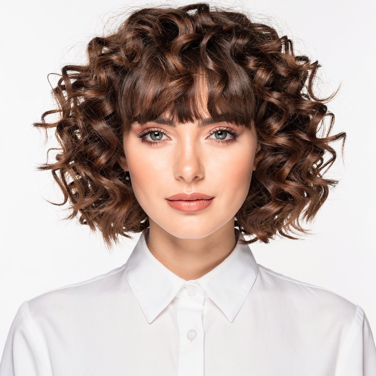 single portrait of a woman with curtain bangs and 1 1