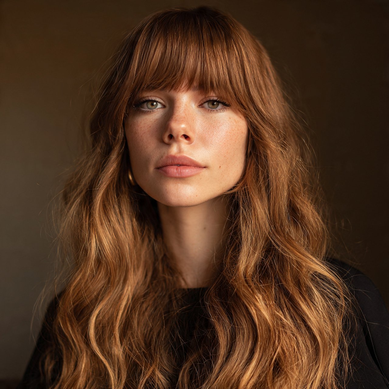 single portrait of a woman with curtain bangs hair