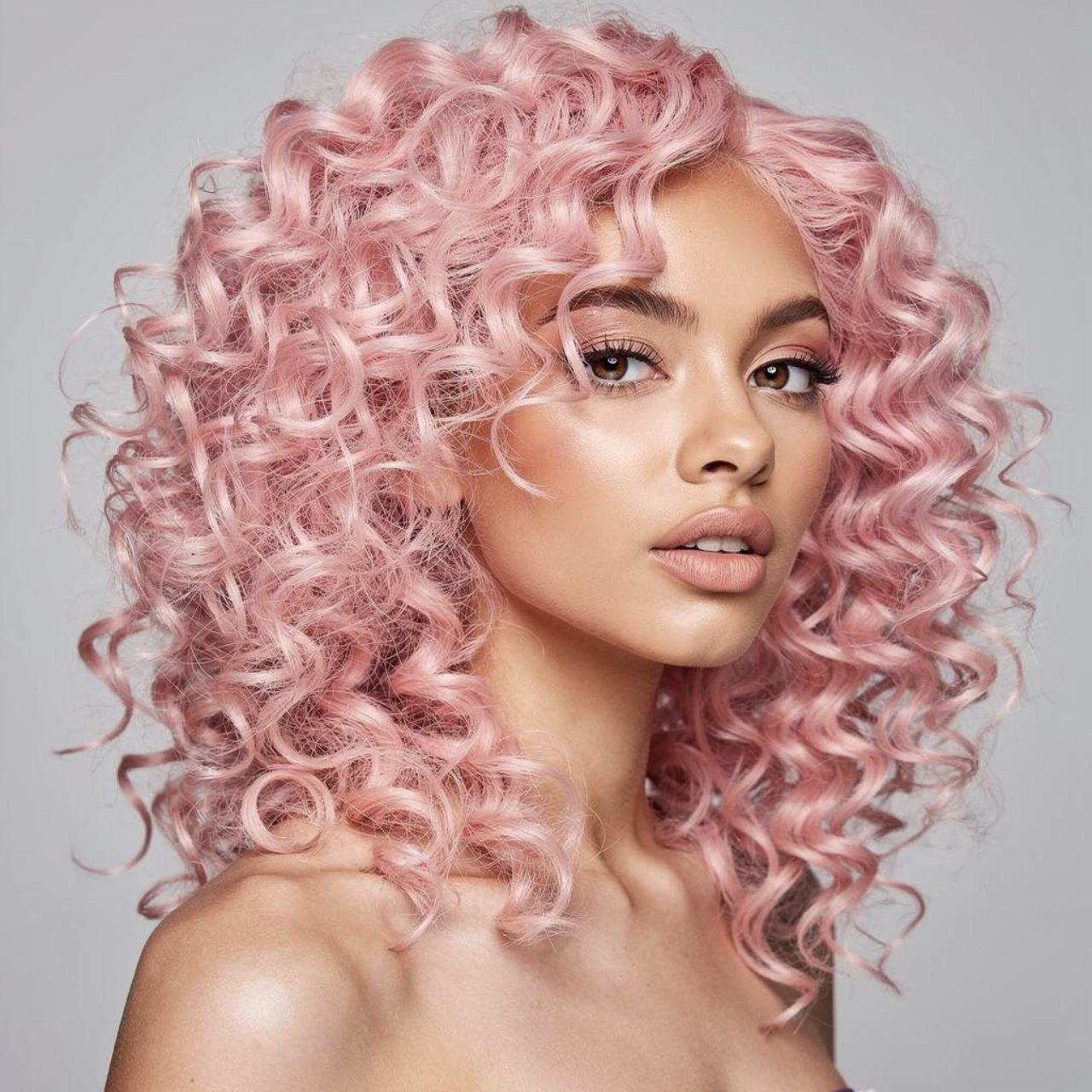 single portrait of a woman with pastel pink hair c