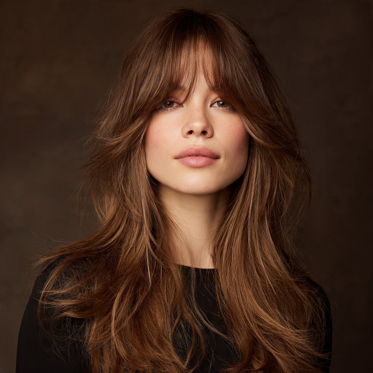 single portrait of a woman with wispy curtain bang 1