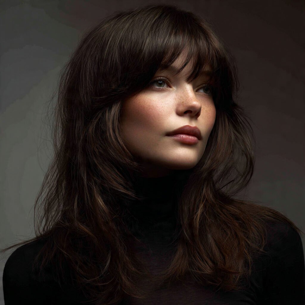 single portrait of a woman with wispy curtain bang