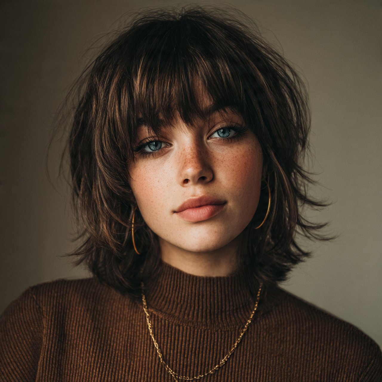 single portrait of a young woman with a wolf cut h