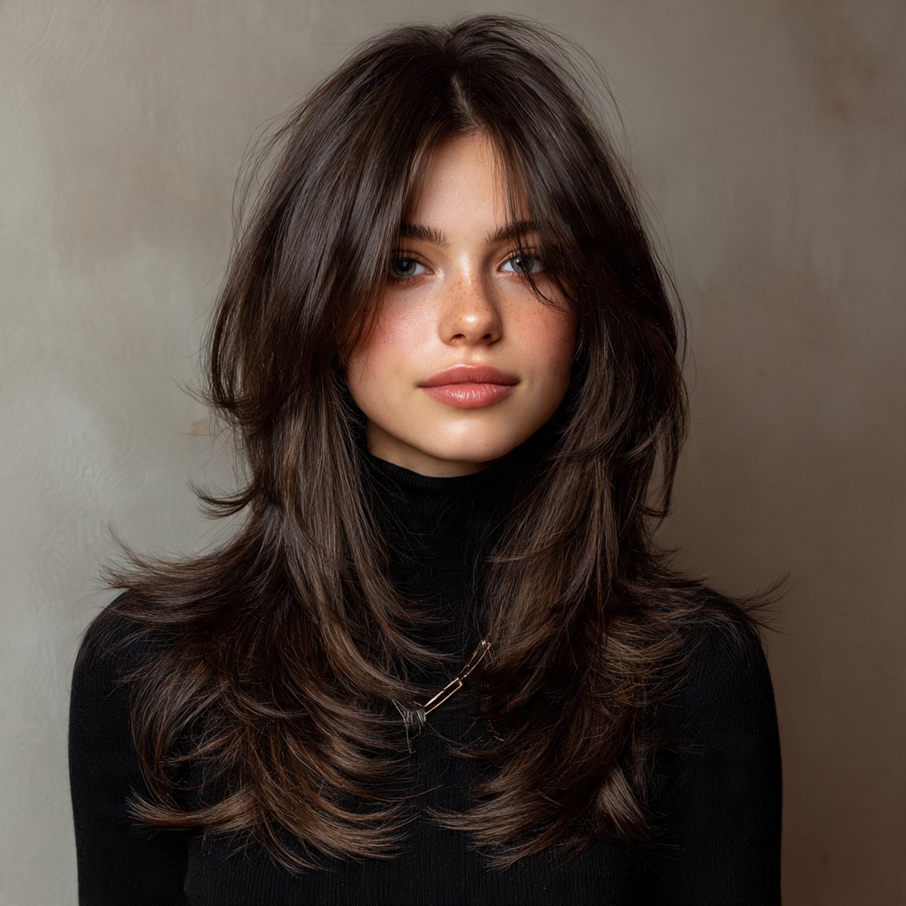 single portrait photo long layered wolf cut hairst