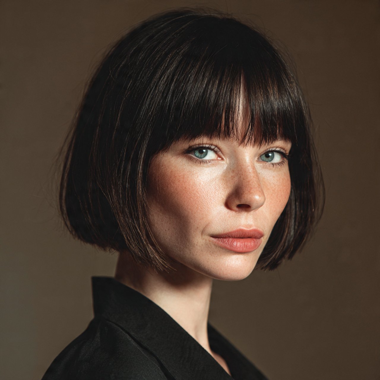 single portrait photo of a woman with a curtain ba